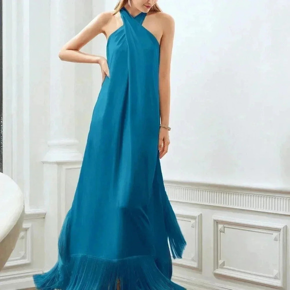 TEAL BLUE PREPPY WOMENS FRINGE HEM CROSS HALTER DRESS - Picture 4 of 5